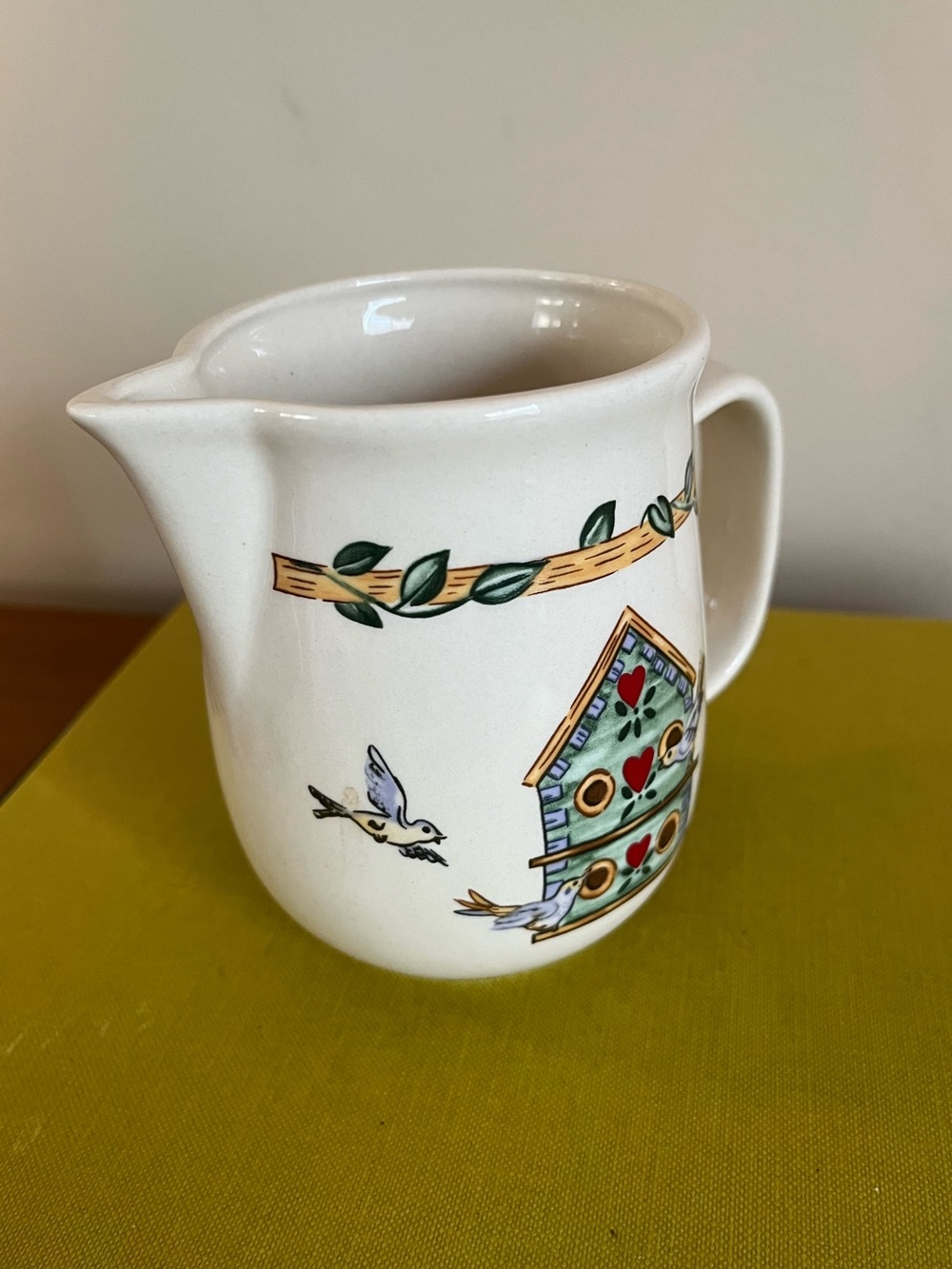 Hand-Painted Birdhouse Ceramic Pitcher in White - Picture 4 of 6